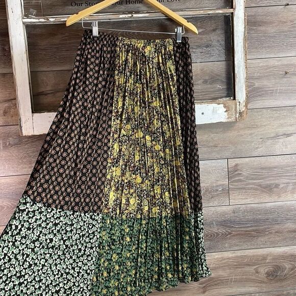 Vintage TRIO NY Peasant Pleated Patchwork Maxi Skirt Yellow Green,Black Size 8 - Picture 4 of 11